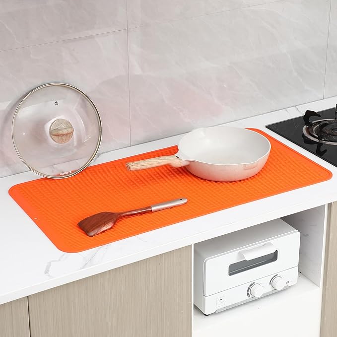 Silicone Dish Drying Mat for Multiple Usage,Easy clean,Eco-friendly,Heat-resistant Silicone Mat for Kitchen Counter or Sink,Refrigerator or Drawer Liner Orange 5XL 36inches x 18inches