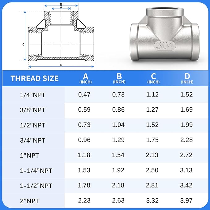 ChillWaves 304 Stainless Steel Pipe Fitting, Tee 1" x 1" x 1" NPT Female Thread Adapter(2-PACK)