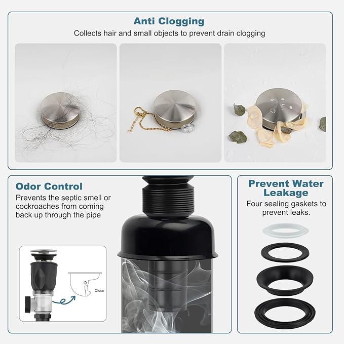 iFealClear Bathroom Sink Drain Kit, Flexible P-Trap Drain Pipe with Pop Up Stopper, Sink Pipe Replacement with 2 Adapters, Fits 1-1/4'', 1-1/2'', 2" Holes, Large Cover Cap, Brushed Nickel