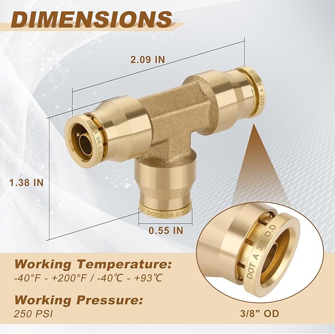 3/8" Quick Push to Connect Fittings Brass Union Tee Shaped Joint DOT Approved 3/8 Inch OD 3 Way Tube Air Line Adapter Air Spring Suspension Kit for Car Truck Trailers and Air Brake System 5pcs