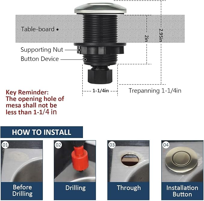 Garbage Disposal Air Switch Kit Sink Top Waste Disposal Stainless Steel Brushed Nickel On/Off Air Button Food and Waste Disposals Part by Etoolcity