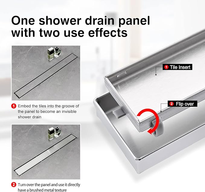 SaniteModar Linear Shower Drain, Shower Drain 40 inch with Flat and Tile Insert 2 in 1 Panel, Brushed 304 Stainless Steel Linear Drain, with Hair Strainer and Leveling feet