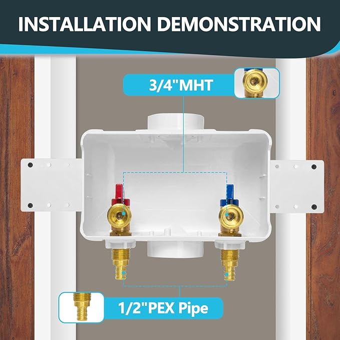 Washing Machine Connection Box, Center Drain, 1/2 Inch Pex Crimp Inlet x 3/4 Inch MHT Outlet, Laundry Washer Valve Box (Pack of 20)