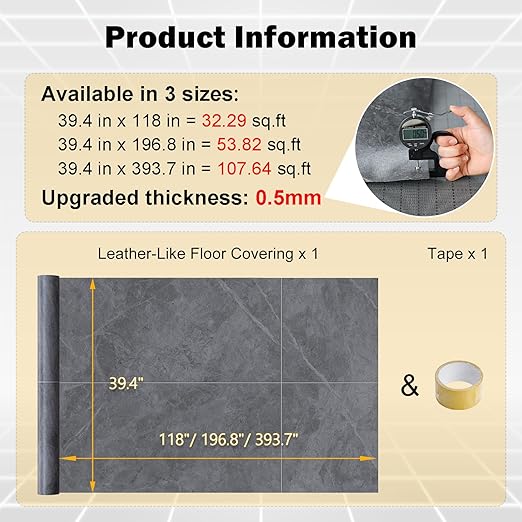 Freshtour Vinyl Flooring Roll, Versatile Removable PET Leather-Like Floor Covering, Waterproof & Durable, Easy Tape Installation, Cost-Effective for Any Room, Grey Marble/ 107.6 Sq.ft (39.3" x 393.7")
