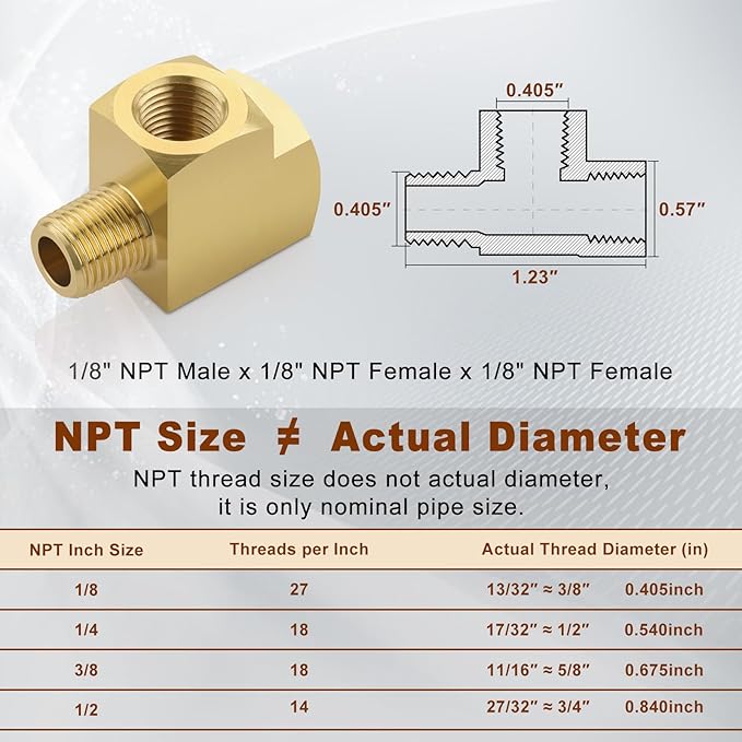 2pcs 1/8" Brass Tee Fittings 1/8" NPT Female Pipe to 1/8" NPT Male to 1/8" NPT Female Brass Barstock Street Tee Pipe Fittings 3 Way for Joining Pipe