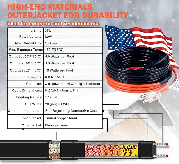HEATIT Sewage Pipe Heating Cable for Buried Pipes, Wastewater Systems, Sump Pumps, Roof De-Icing, 120V Self-Regulating, Fluoropolymer Corrosion-Proof, Freeze Protection,JHSF1-CT,50FT