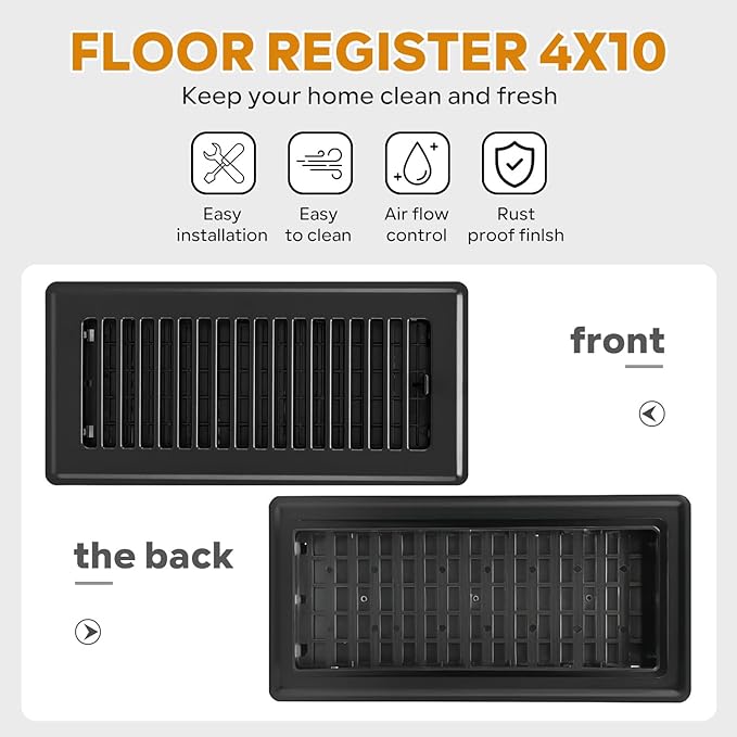 4x10 Floor Register, 2 Pack Heavy Duty Steel Walkable Floor Vent Covers, Easy Adjust Air Supply Lever, Vent Covers for Home Floor, Black