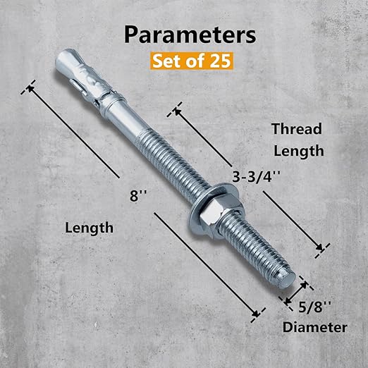 Party Animal 5/8 x 8'' Wedge Anchor, 5/8 Inch Diameter for Concrete, 25 PCs Heavy Duty Zinc Plated Concrete Wall Anchor