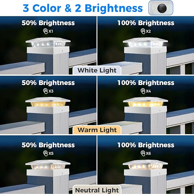 Peasur 4x4 Solar Post Cap Lights Outdoor with 3 Modes, 2 Packs White Fence Light Solar Powered Waterproof for 3.5×3.5/4x4 Wood/Vinyl Posts for Deck Yard Garden Patio Outside