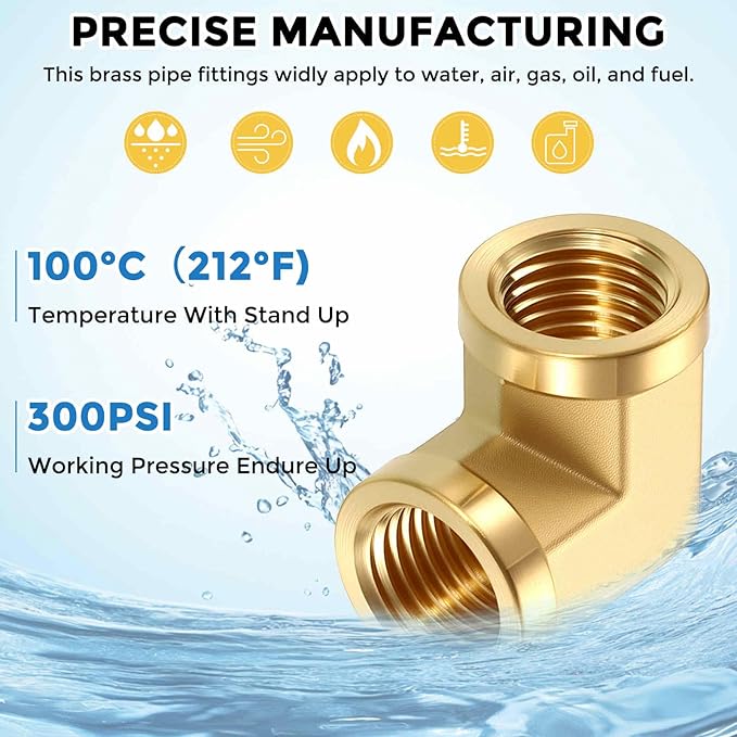 Pack of 2, 90 ° 3/8" NPT FeMale to 3/8" NPT FeMale Solid Brass Barstock Street Elbow, Forged Pipe Fitting for Pipe Leak Repair, Bathroom Remodeling, Tool Extension, Compression