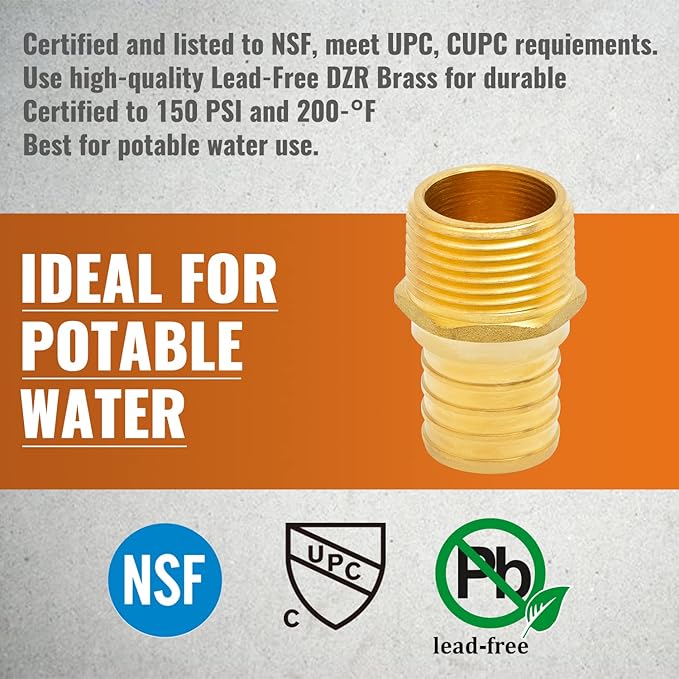 SUNGATOR 6-Pack PEX 3/4" x 1/2" NPT Male Threaded Adapter Crimp Fitting, No Lead Brass