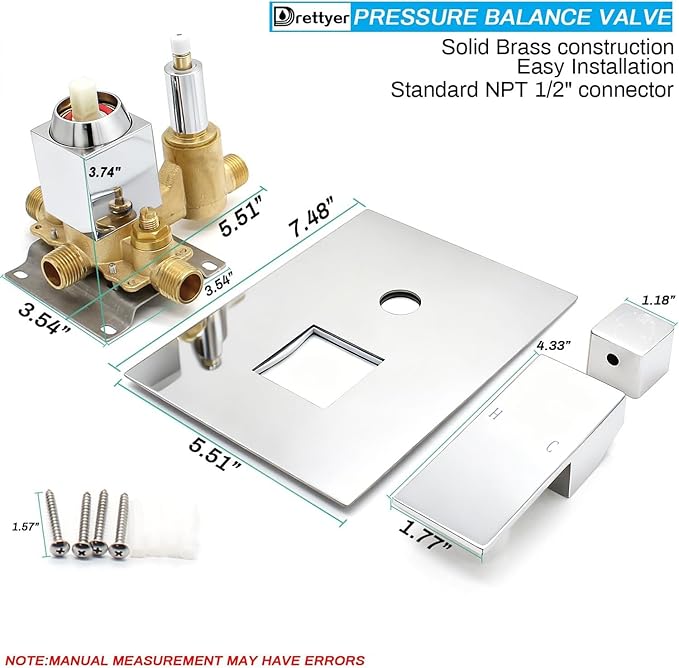 Drettyer Solid Brass Shower Valve Pressure Balancing Mixer Control 3 Outlet Function (Chrome)