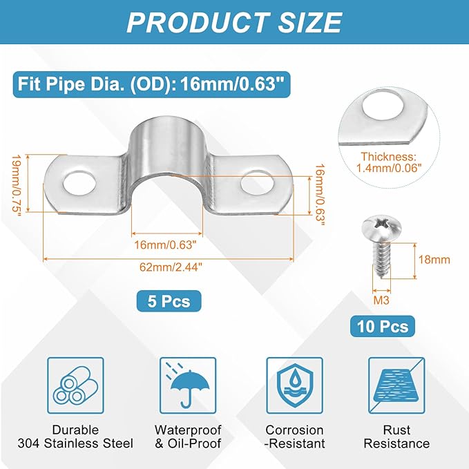uxcell 5Pcs 16mm(5/8") Two Hole Rigid Pipe Strap, 304 Stainless Steel Conduit Clamp Thicken U Bracket Heavy Duty Pipe Clamp with Self-Tapping Screws for Fixing Tube Cable, Silver