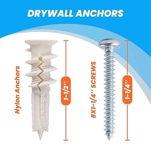 Drywall Anchors and Screws Kit – 200pcs #8 x 1-1/4” Self Drilling Anchors – No Pre-Drill Required – Heavy Duty Wall Anchors for Drywall – Holds Up to 75lbs