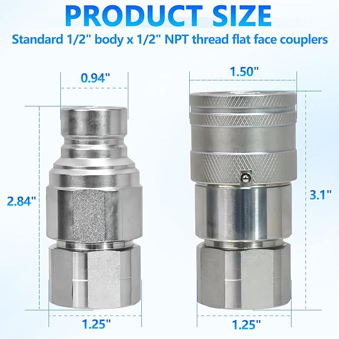1/2’’ NPT Flat Face Hydraulic Quick Connect Couplers/Couplings with Dust Caps, The Universal Bobcat Flat Face Quick Connect Fittings with with 1/2’’ Body ISO 16028 Standard-2Set