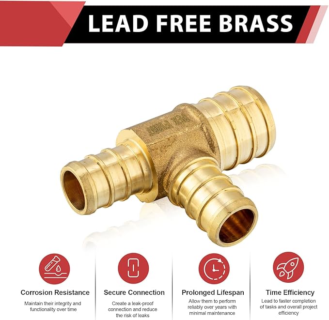 (Pack of 5) EFIELD Pex 1" x3/4" x 3/4" Reducing Tee Crimp Barb Brass Fittings,(PEX1807088)