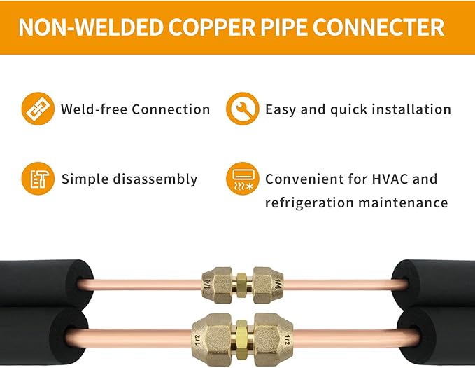 AC Pipe Connectors - 1/4" & 1/2" Copper Joints with HVAC Flare Nuts, 2 Packs