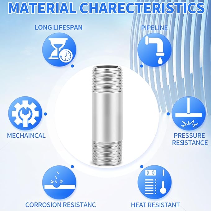 ChillWaves 304 Stainless Steel Pipe Fitting, Nipple Cast Pipe 3/8" NPT Male x 3/8" NPT Male Thread 2" Length(50MM)(2-PACK)