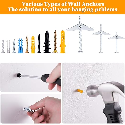 KURUI Drywall Anchors Assortment Kit With Self Drilling Wall Anchors and Heavy Duty Toggle Bolts, Metal/Plastic Dry Wall Anchors for Hanging Picture Art, 164Pcs Butterfly Anchor and Screws for Ceiling