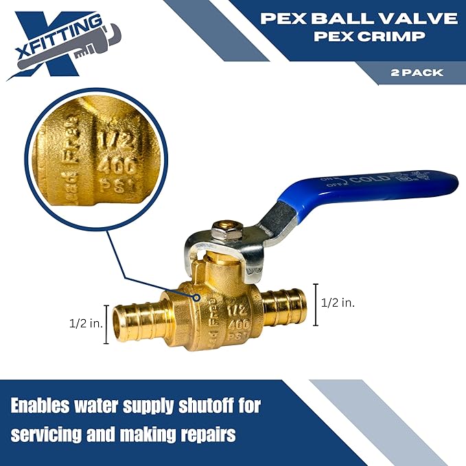 XFITTING 100 Pieces 1/2" Pex Ball Valve Blue/Cold, 24-2-2=100X
