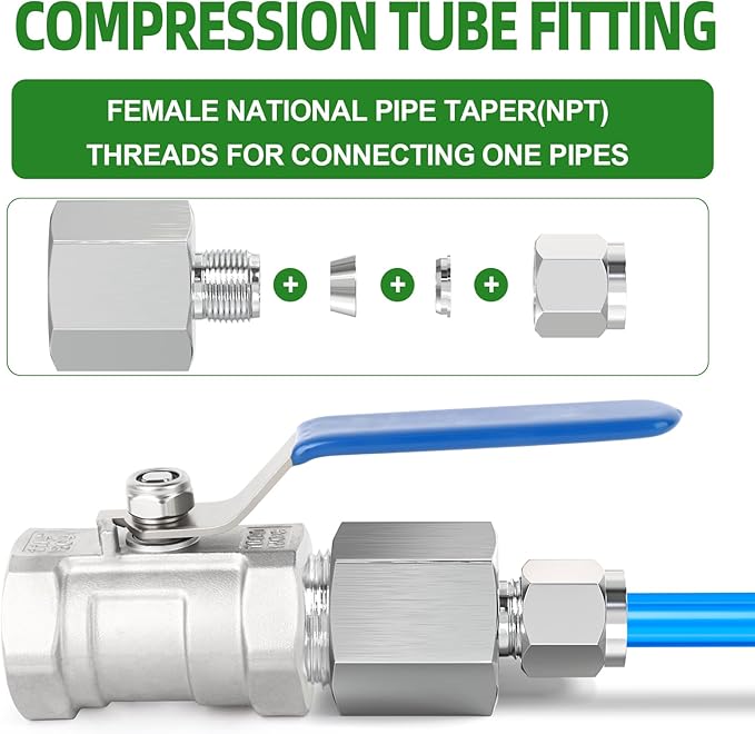 TAISHER 5PCS 304 Stainless Steel Compression Tube Pipe Fitting Connector, 1/4" Tube OD x 3/8" NPT Female Straight Adapter