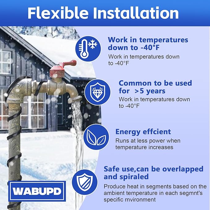 24FT Heat Tape for Water Pipes, -40°F Deicing Pipe Heat Cable,Electric Heating Cable Pipe,Frezze Protection for Heat Trace Cable for Metal, Plastic Home Pipes,Gutter,120V 5W/ft（24FT）