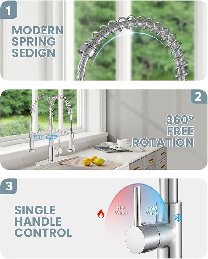 Kitchen Faucet Set, Commercial Kitchen Sink Faucets with Pull Down Sprayer and Soap Dispenser, Stainless Steel Faucets for Kitchen Sinks, Single Handle Spring Faucet with Deck Plate