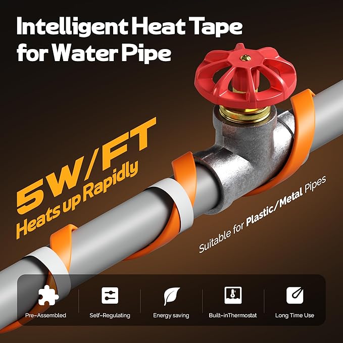 Heat Tape for Water Pipes with Thermostat, Anti-Freeze Heater, Electric Heat Tape, Keeps Water Flowing at -22℉/-30℃, 18FT with Leakage Protector, Orange, UL&ETL Listed 120V