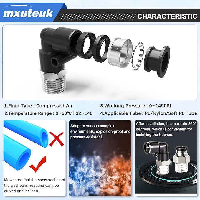 mxuteuk Push to Connect Fittings,1/4" OD to 1/8" NPT Air Hose Fittings,1/8" Quick Connect Fittings,Pneumatic Elbow and Straight Combination(12PCS)