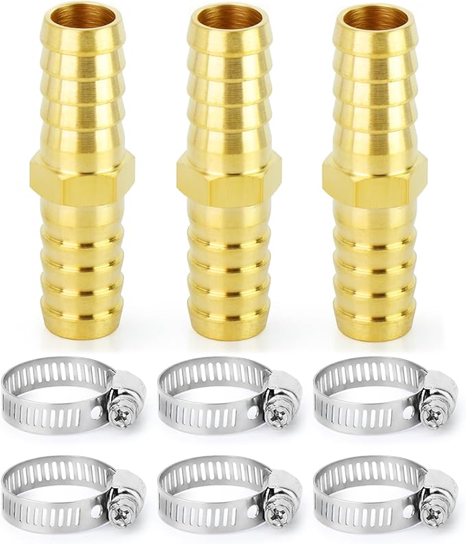 ChillWaves Brass Hose Barb Fittings, Splicer Mender Union 5/8" Barb x 5/8" Barb with Hose Clamp Hose Repair Kit For Water/Fuel/Air(3-PACK)