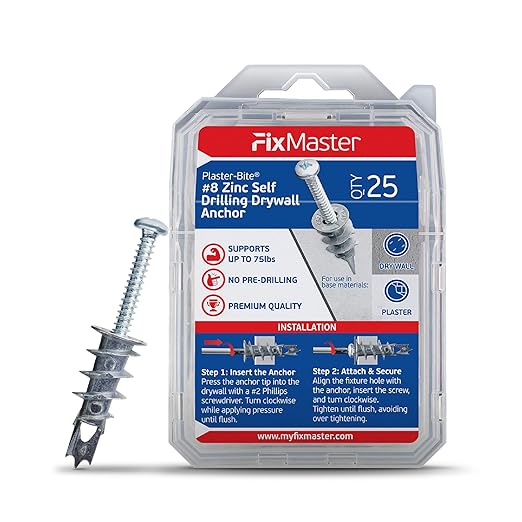 Zinc Plaster Bite Self-Drilling Drywall Anchors w/Screws (25 Anchors & 25 Screws) – Heavy Duty Zinc Hollow Wall Anchor Kit for 3/8", 1/2", 5/8" Drywall – 75 lbs Holding Strength