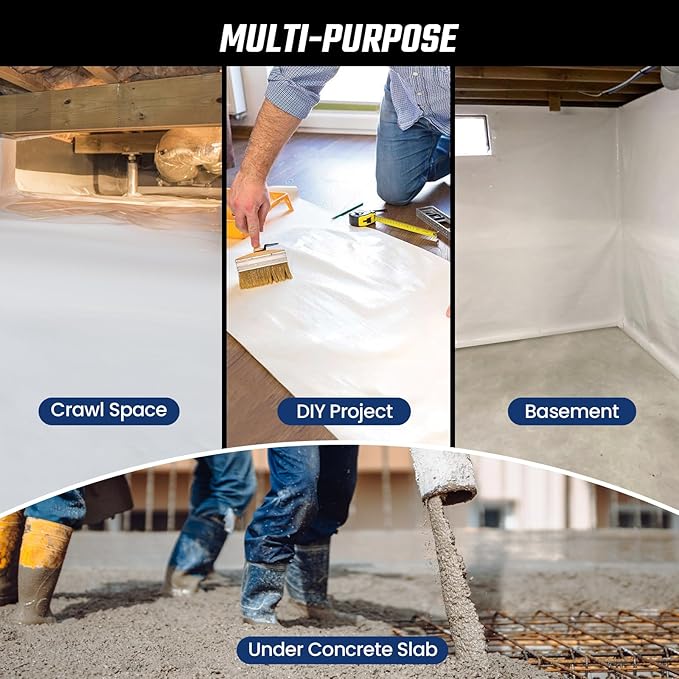 Crawl Space Vapor Barrier - 15 Mil Vapor Barrier - (12' x 24'), Tear Resistant, Heavy Duty Vapor Barrier Plastic, Drop Cloth Moisture Barrier Plastic Sheeting Covering for Crawlspace Encapsulation