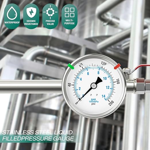 0-200PSI Stainless Steel Liquid Filled Pressure Gauge, 4" Dial Size, 1/4" NPT Back Mount, for Tube, Water Pump, Gas, Liquid, Pressure Test (with Range Mark Pointer)