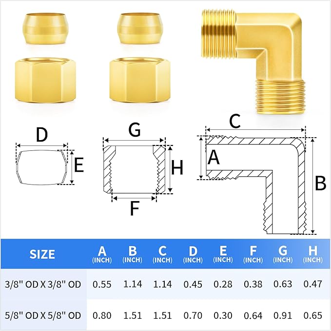 ChillWaves Brass Compression Tube Fitting, 3/8" OD x 3/8" OD 90 Degree Elbow Compression Union Connector(5-PACK)