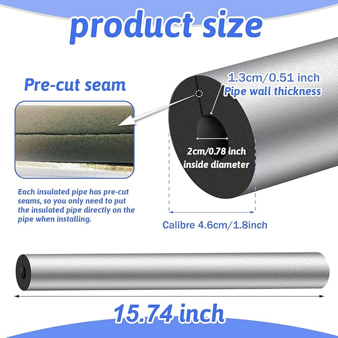 16 Pack Pipe Insulation Foam Tube, 3/4'' Self Adhesive Pre Slit Foam Pipe Covers Polyethylene with Aluminum Foil for Spigot, Winter Outside Pipes, Sprinkler, Water Heater Pipes Freeze Protection