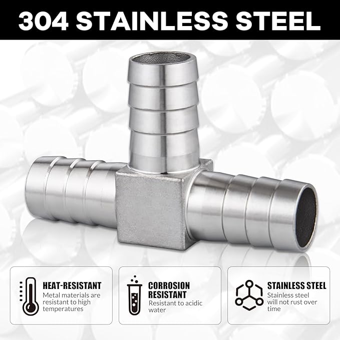 304 Stainless Steel 1-1/4" Barb x 1-1/4" Tee Joint Fitting Union for Water, Fuel, Air - 2PCS
