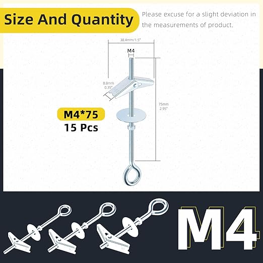 15Pcs M4 x 75mm Eye Bolt Toggle Bolt Assortment Kit, Spring Toggle Bolts Butterfly Anchors Butterfly Toggle Anchors, Heavy Duty Drywall Anchors with Wing Nut for Hanging Lamps Heavy Items