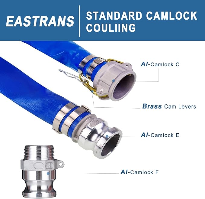 2" x 100' Heavy Duty Discharge Hose Blue PVC Backwash Hose for Swimming Pools, Reinforced Pool Drain Hose with Aluminum Camlock C and E Fittings, Cam Lock Fitting Type F included
