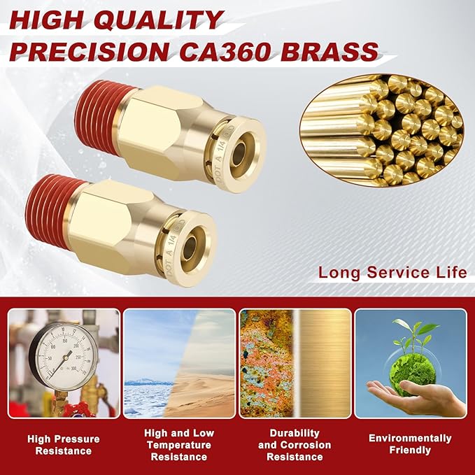 1/4" Quick Push to Connect Fittings Brass Union Straight Joint DOT Approved 1/4" Tube OD x 1/8" NPT Thread Air Line Adapter Air Suspension Kit for Truck Trailers and Air Brake System 4pcs