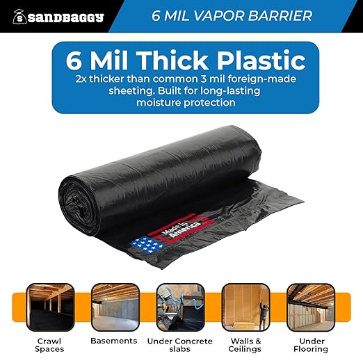 Sandbaggy 20 ft x 100 ft Vapor Barrier 6 Mil | Polyethylene | Black Plastic Sheeting Rolls | Moisture Barrier for Crawl Spaces, Concrete and Laminate Underlayment, Walls (1 Roll)