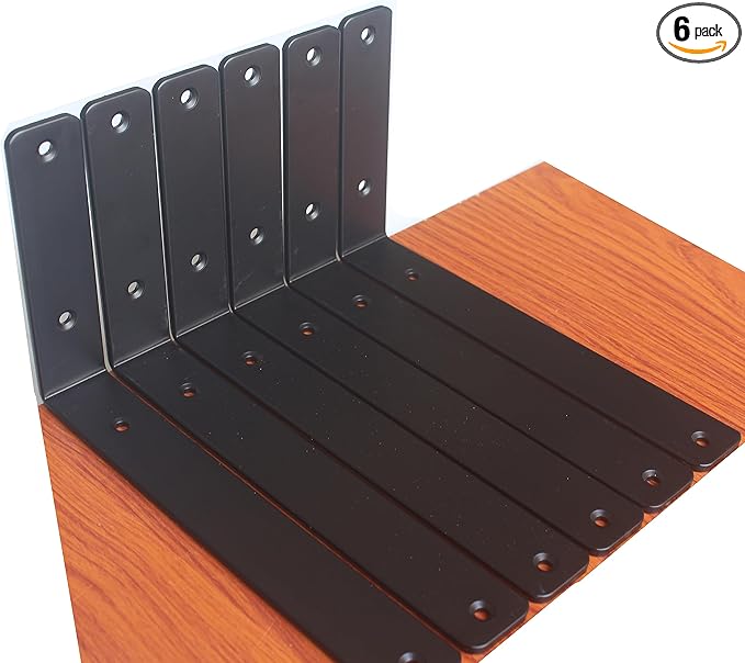 6 Pack - L 11" x H 6" x W1.5, 5mm Thick Black L Shelf Bracket, Iron Shelf Brackets, Metal Shelf Brackets, Floating Shelf, Shelf Supports with Screws