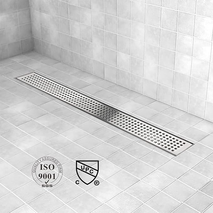 Linear Shower Drain, Shower Drain 28 inch with Removable Grate Cover, Professional AISI 304 Stainless Steel Shower Floor Drain, Shower Drain with Hair Catcher and Leveling Feet