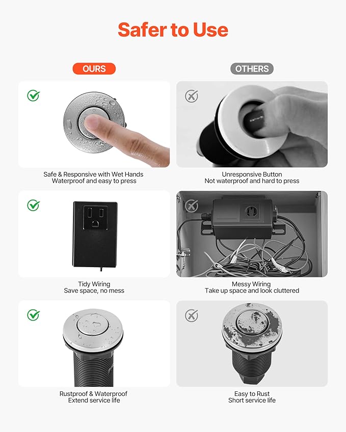 VEVOR Garbage Disposal Air Switch Kit, 3.5" Long Sink Top Air Switch for Food Waste Disposal, Brushed Silver Stainless Steel ON/OFF Air Push Button for Granite, Marble, and Quartz Countertops
