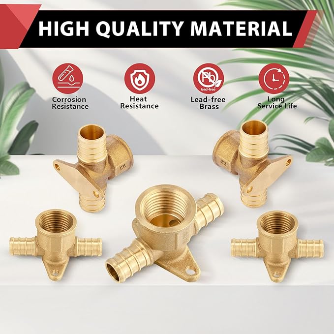 EFIELD 3/4" Pex X 3/4" Pex X 1/2" Female NPT Threaded Drop-ear Tee, Brass Crimp Fitting, ASTM F1807,(PEX1807173)