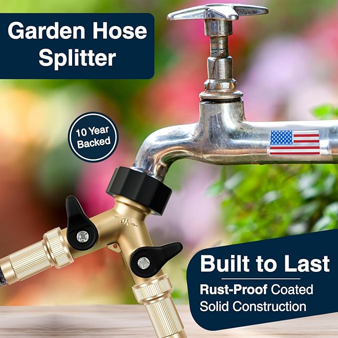 DBR Tech® Heavy Duty 2 Way Hose Splitter (Premium Brass for Superior Durability), Wye Garden Hoses Connector for Water Spigot Faucet Bib Tap, Double Shut Off Valve, Y Adapter, Rust-Resistant Finish