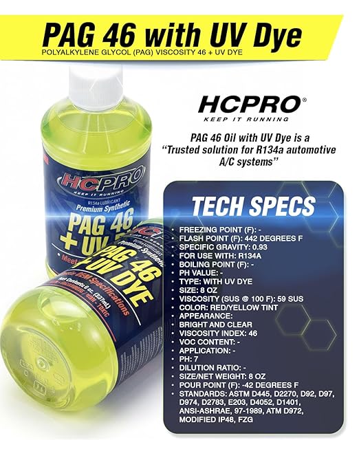 HCPRO PAG 46 UV Dye A/C Compressor Oil – High-Viscosity Leak Detection Lubricant for Auto A/C Systems, Professional-Grade PAG 46 Lubricant for Compressor Protection & System Maintenance (12)