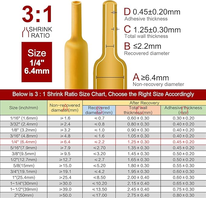 Chanzon 3:1 Ratio - 80ft Roll - Heat Shrink Tubing 1/4" (6.4mm) - Marine Grade Waterproof Adhesive Lined - (25M Total Length) Yellow Polyolefin Sleeving Wrap Shrinking 3 to 1 Ratio 1pcs