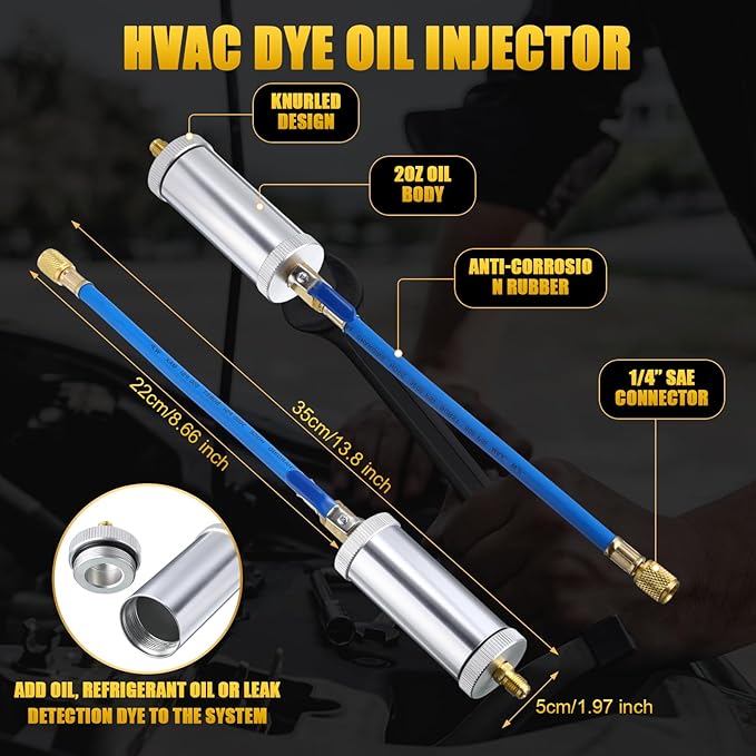 AC Leak Detector Kit, R1234yf R134a R410a AC Oil UV Dye Injector Kit Refrigerant Leak Detector Tool Low Side Quick Coupler Mini Split Adapter Glasses Flashlight(Wonderful)