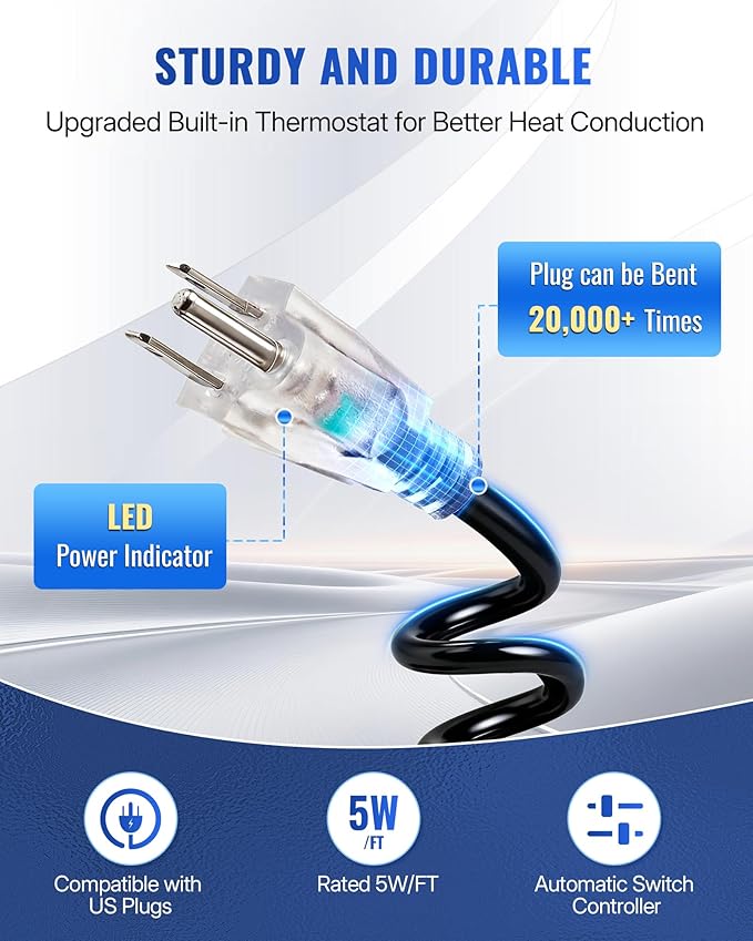 12Ft Water Pipe Heating Cable, 5W Constant Power Self-Regulating Heating Cable, 5W/FT, IPX7 Waterproof, Auto-On/Off, for Metal and Plastic Water Pipes, Freeze Protection, 120V U12HC06