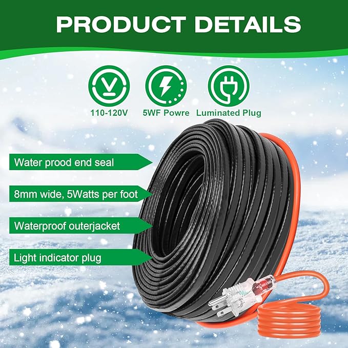 3FT Heat Tape for Water Pipes, -40°F Anti-Freeze De-Icing Heating Tape, Pipe Insulation Heating Cable for Insulation/Roof Snow Removal , Gutter Heating Cable, Heated Water Hose 120V 5W/ft(3FT)